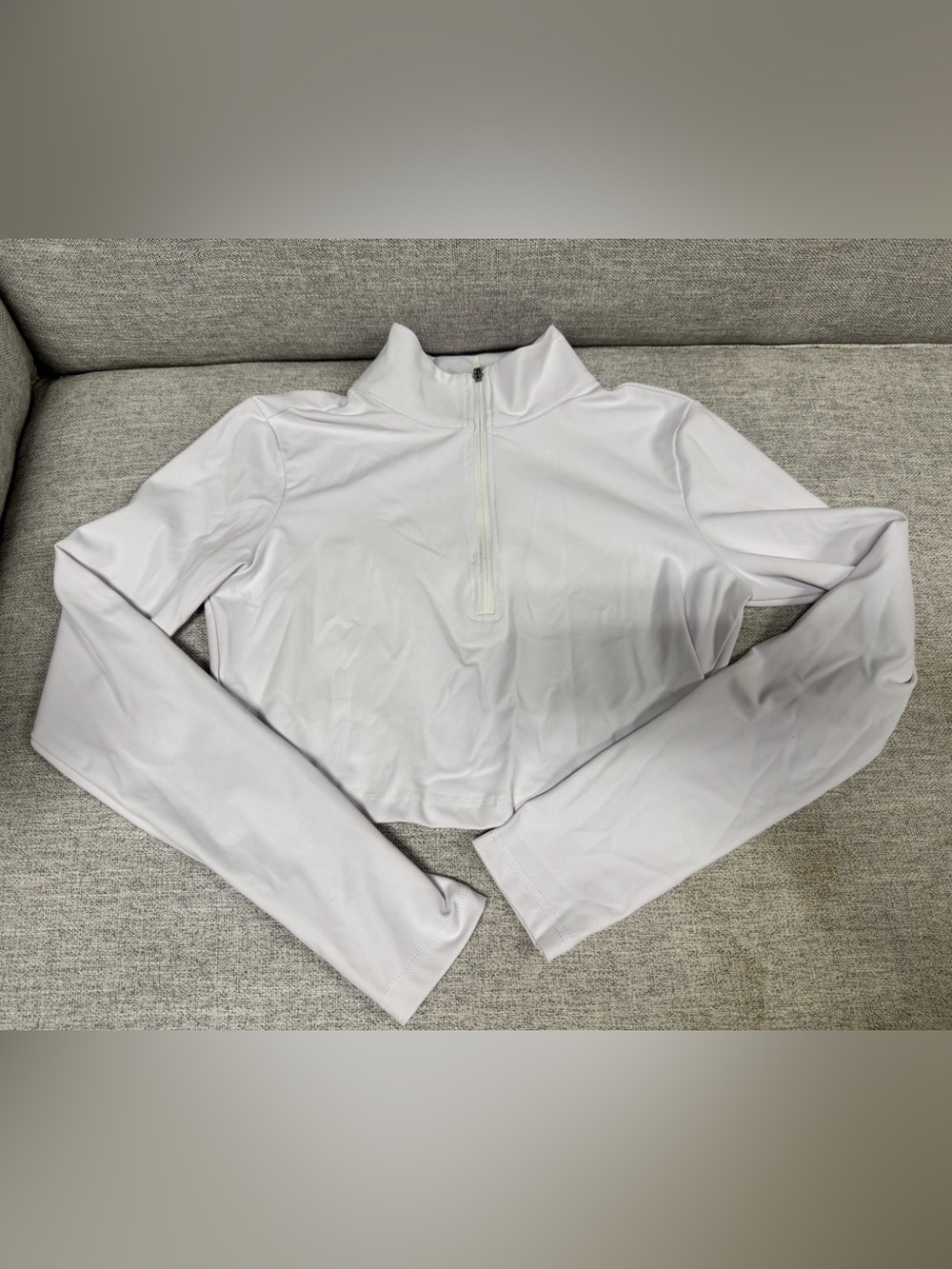 Cropped White Long-Sleeve Half-Zip Mock Neck Top